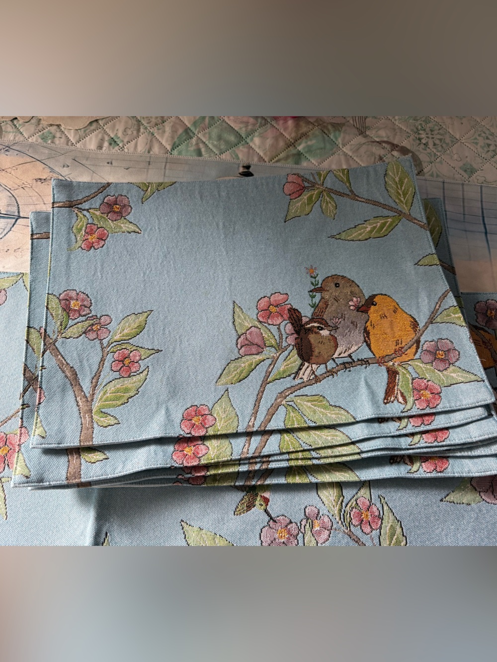 Set of Blue Floral & Bird Print Placemats & Runner